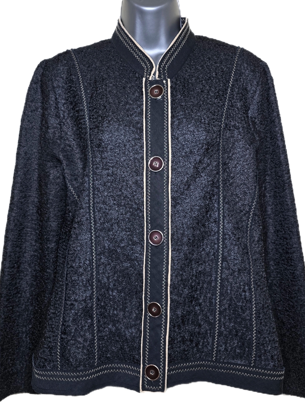 Chico’s Y2K Textured Black Mandarin Collar Jacket Size 1 Medium